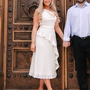 DKNY Women's Cowlneck Sleeveless Belted Ruffled Dress Size 12 Eggshell